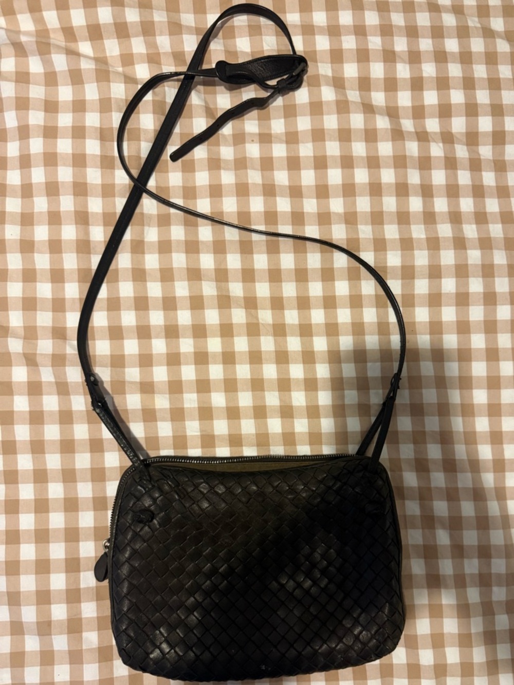 Bottega Vinette woven crossbody black (looks dark brown though!)